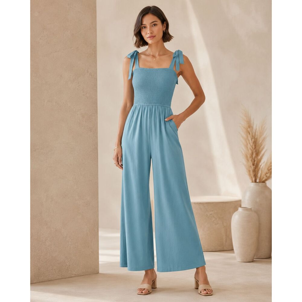 🌿 Teal Green Knit Jumpsuit Size M – Smocked Bodice & Tie Straps